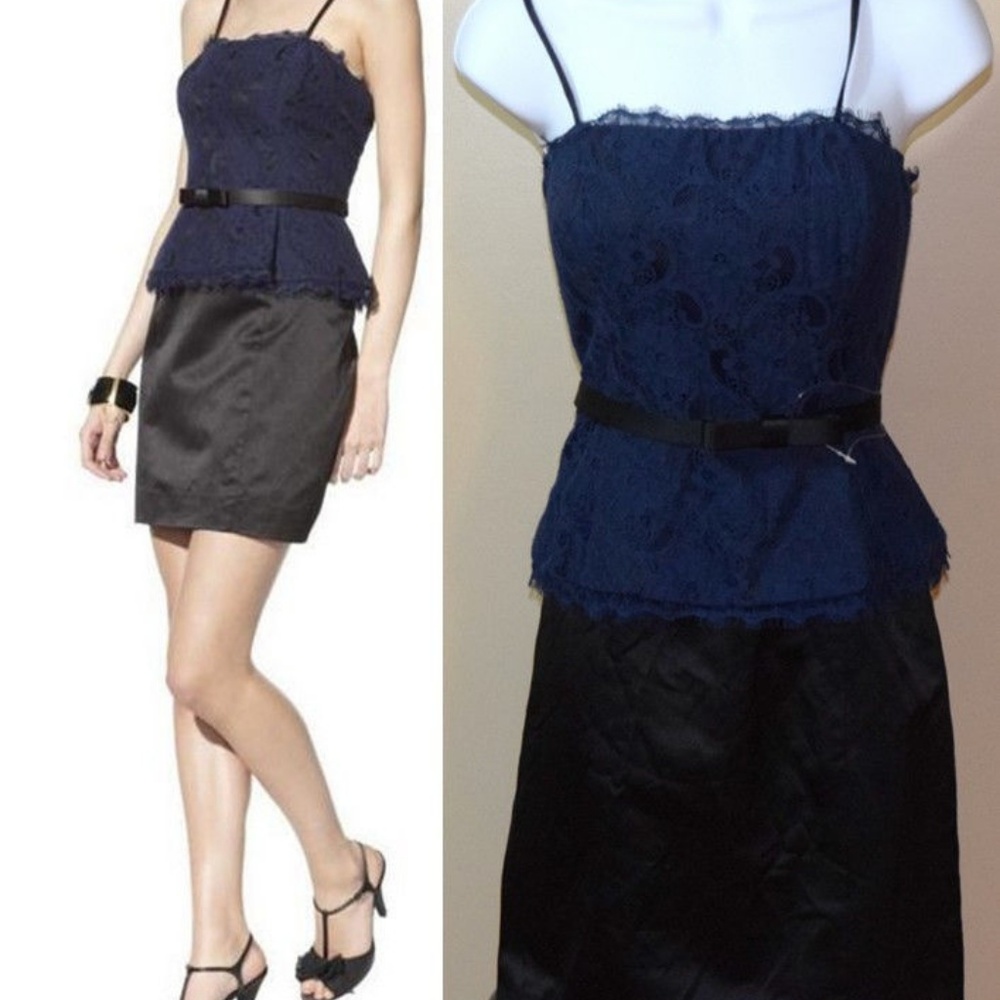 Kate Young Peplum Belted Blue Black Lace Dress 2